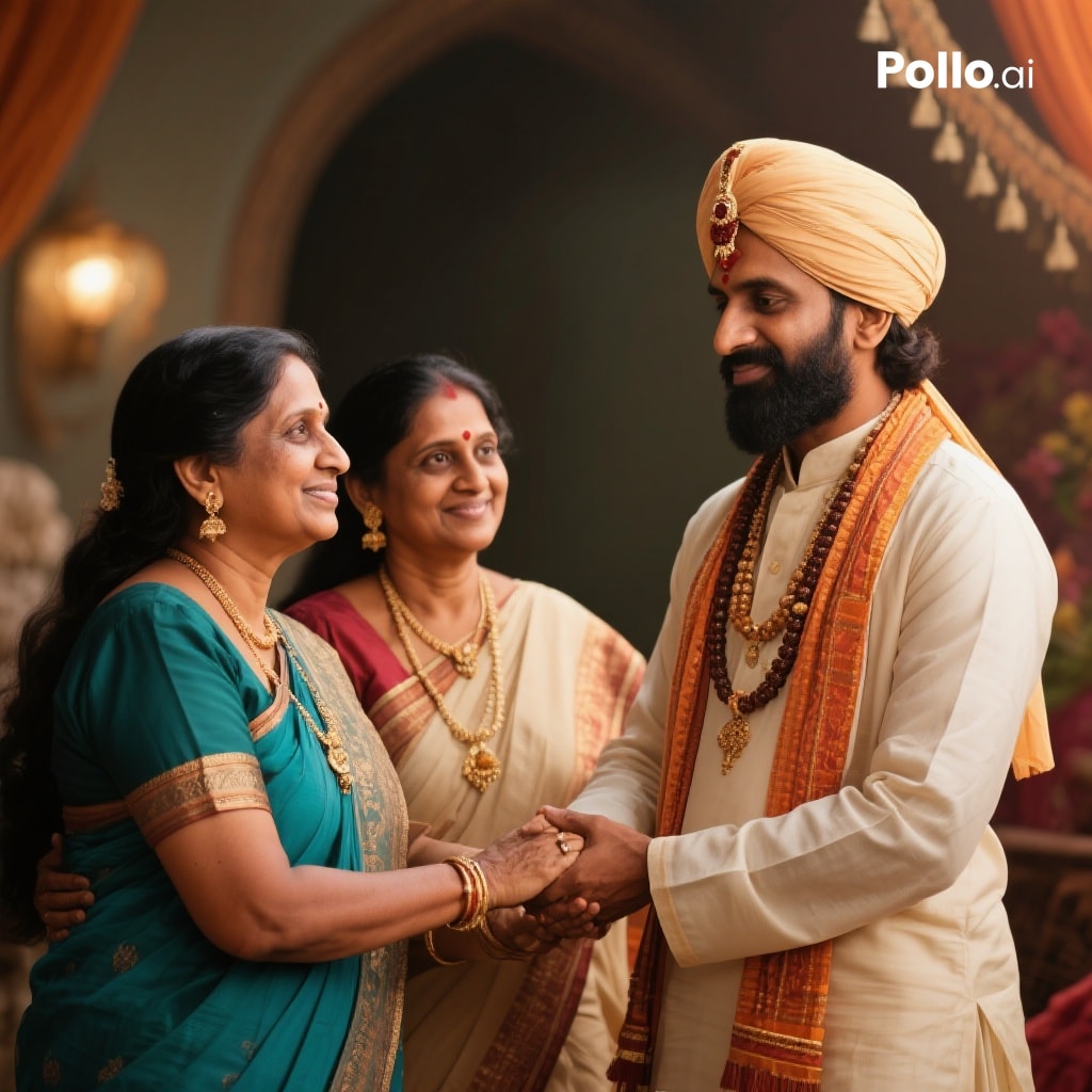 create an image of trusthworthy pandit with clients family trusting him